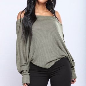 Off the shoulder green sweater